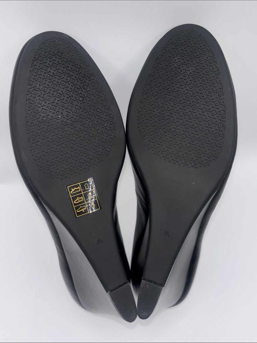 Tory Burch Black Leather Wedges with Gold Logo Medallion - Picture 11 of 12